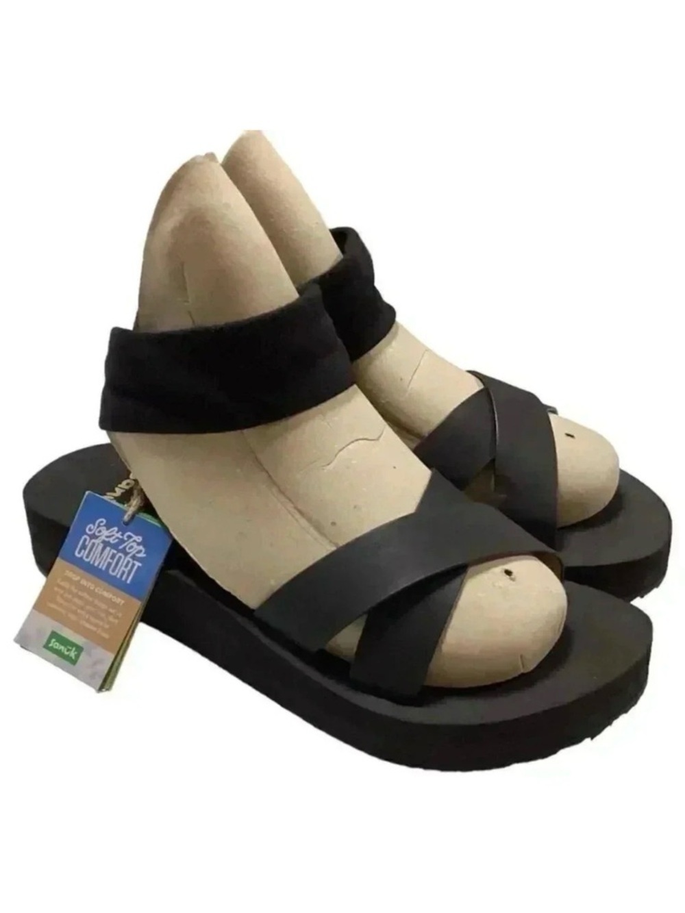 Sanuk Highland Sling ST Soft Top Womens 9 Black Platform Sandals Slip On NEW